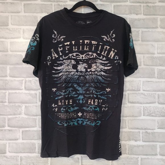 Affliction T Shirt Live Fast Dark Ages Stitched 1973 Eagle SZ M Distressed Hems - Picture 1 of 9